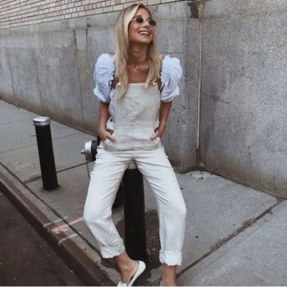 We Wore What Basic Linen Overalls in Natural Oatmeal Size Small - Picture 2 of 12